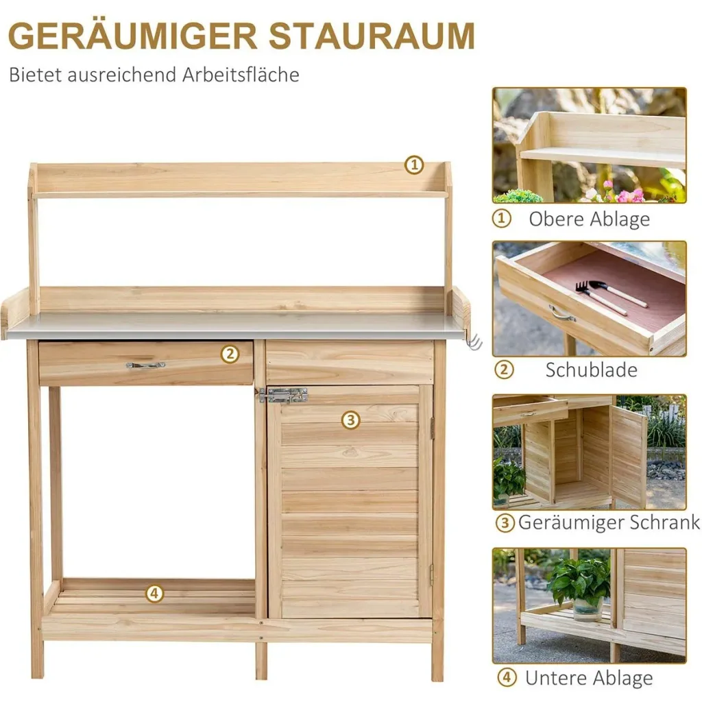 Planting table with galvanized worktop gardening table with drawer cabinet garden work table solid wood natural 112 x 4