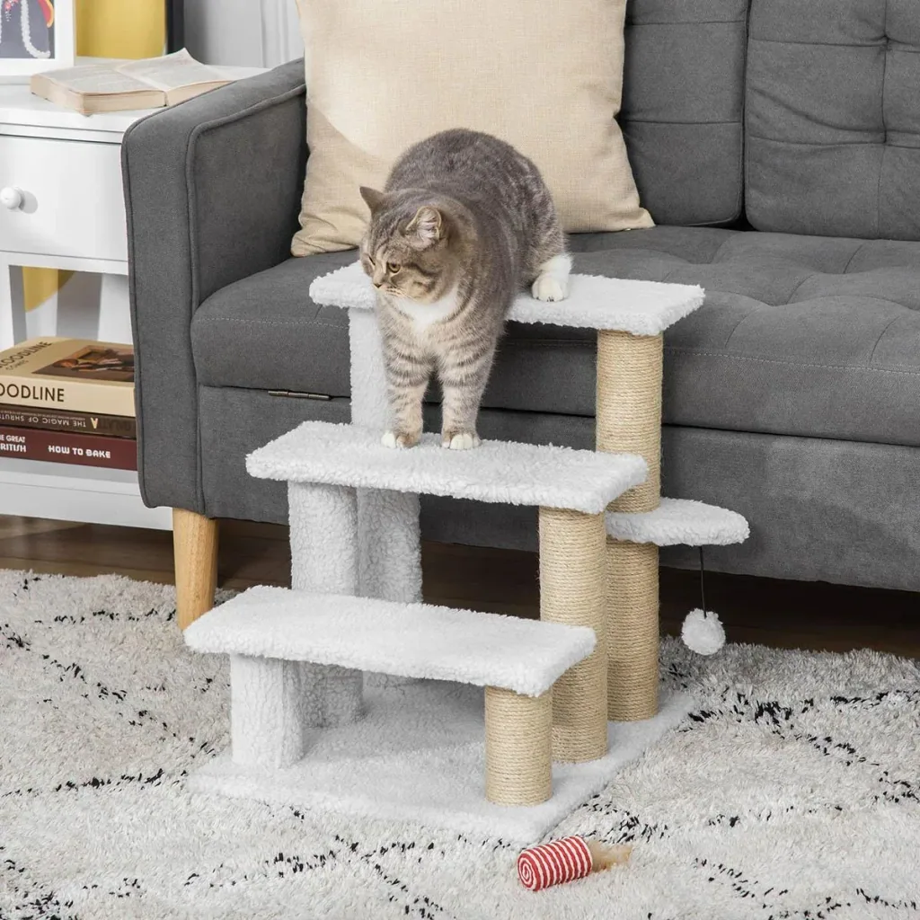 Play platform for cats - with scratching post and play ball - white - 45 x 40 x 48 cm