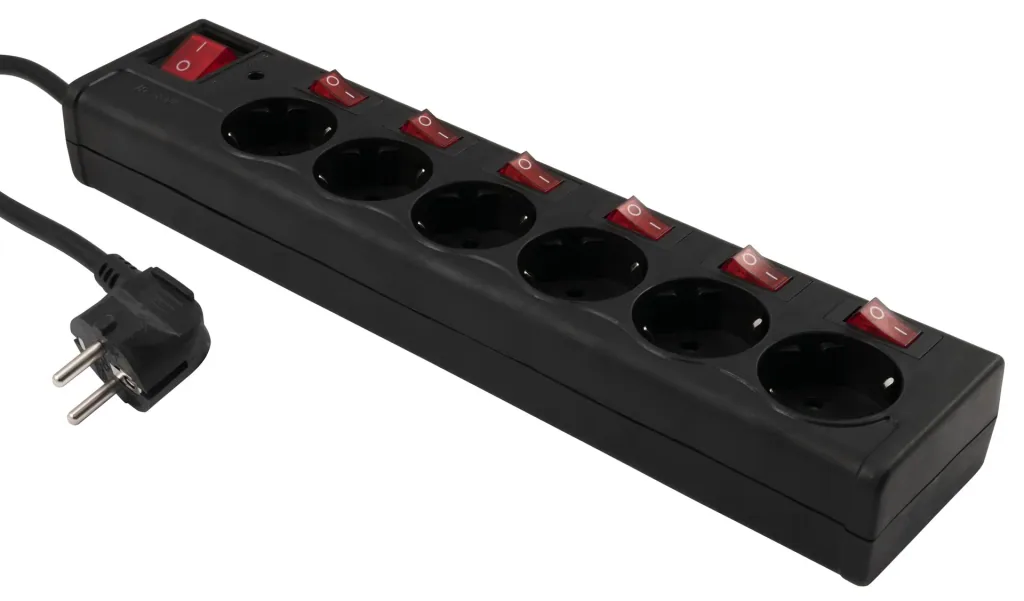 6-way black power strip surge protection