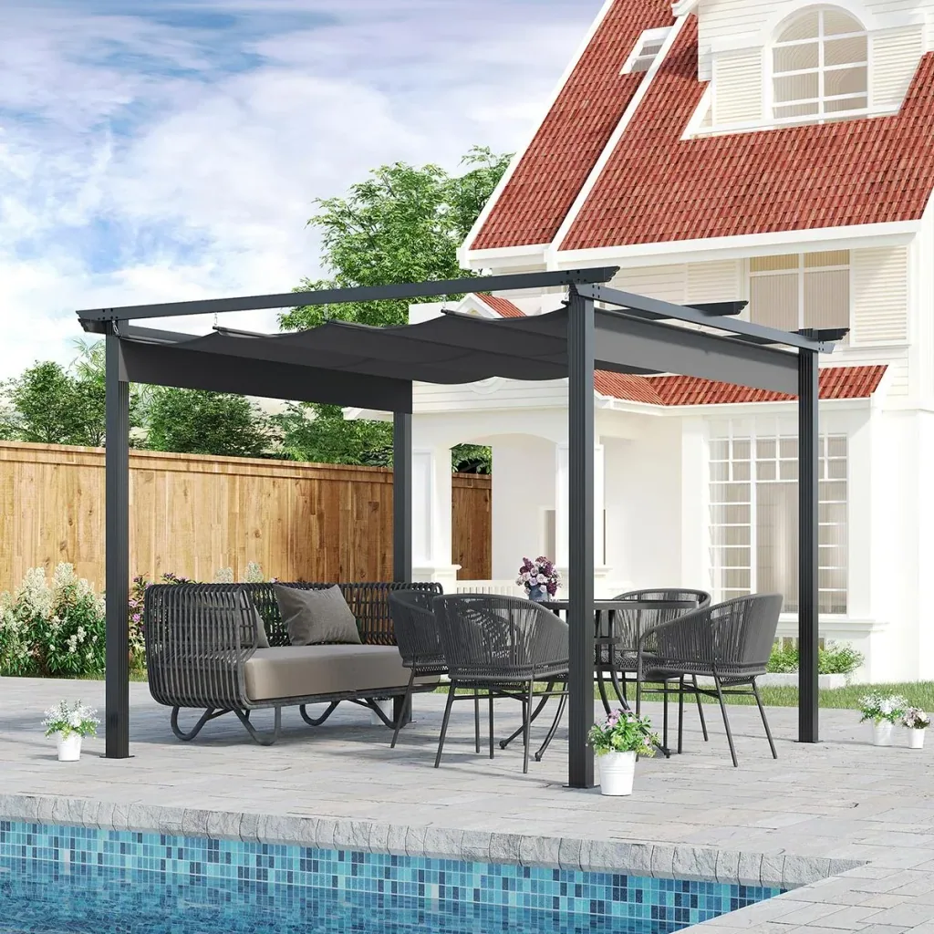 Pergola with adjustable awning aluminum gray+black 3 x 3 m