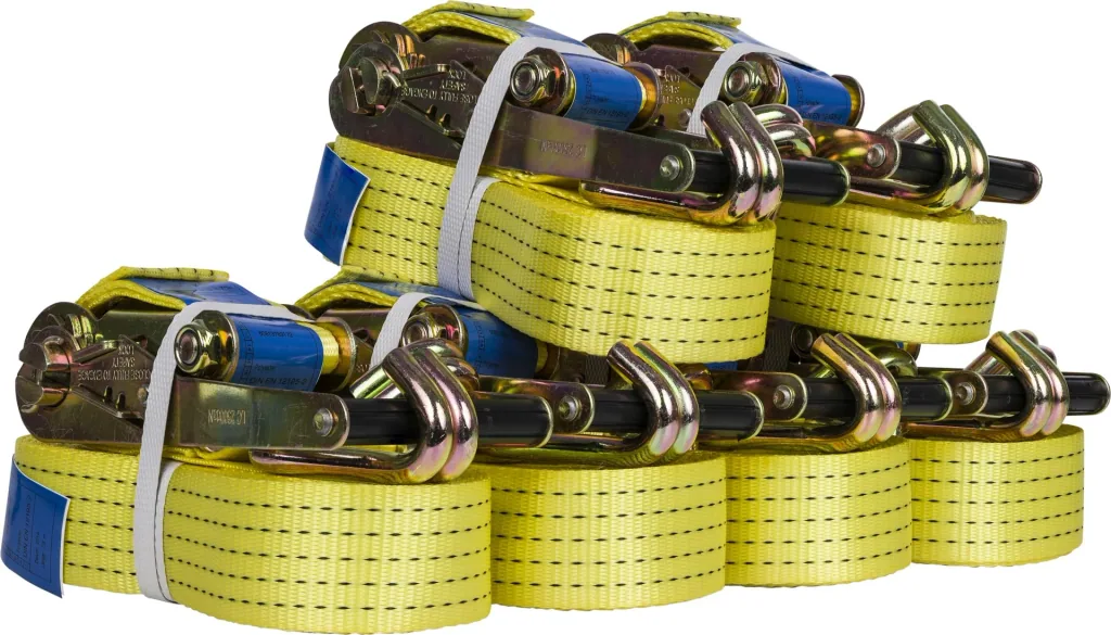 Lashing straps with ratchet - 7-piece set, 50 mm strap width, 2500/5000 daN, fixed end 0.3 m / loose end 7.7 m long, claw hook