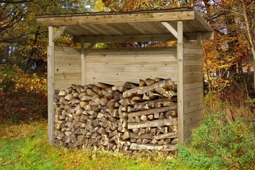 Firewood storage, size 2, 19 mm, open, smooth-edged boards, 274 x 131 cm