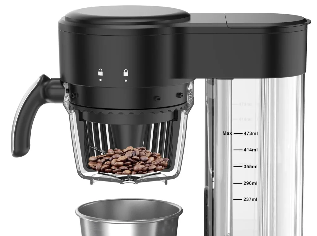 Coffee machine with grinder and stainless steel drinking cup