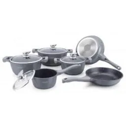14-piece marble-coated pan set - With lid - Cooking pot - Frying pan - Grey