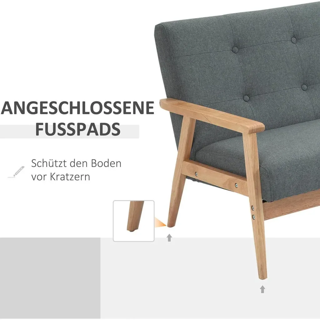 2 Seater Sofa Two Seater Fabric Sofa Double Sofa Upholstered Loveseat Compact Design Linen Rubberwood Grey 115 x 66.5 x 73
