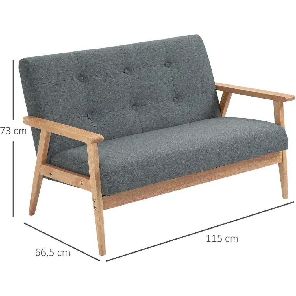 2 Seater Sofa Two Seater Fabric Sofa Double Sofa Upholstered Loveseat Compact Design Linen Rubberwood Grey 115 x 66.5 x 73