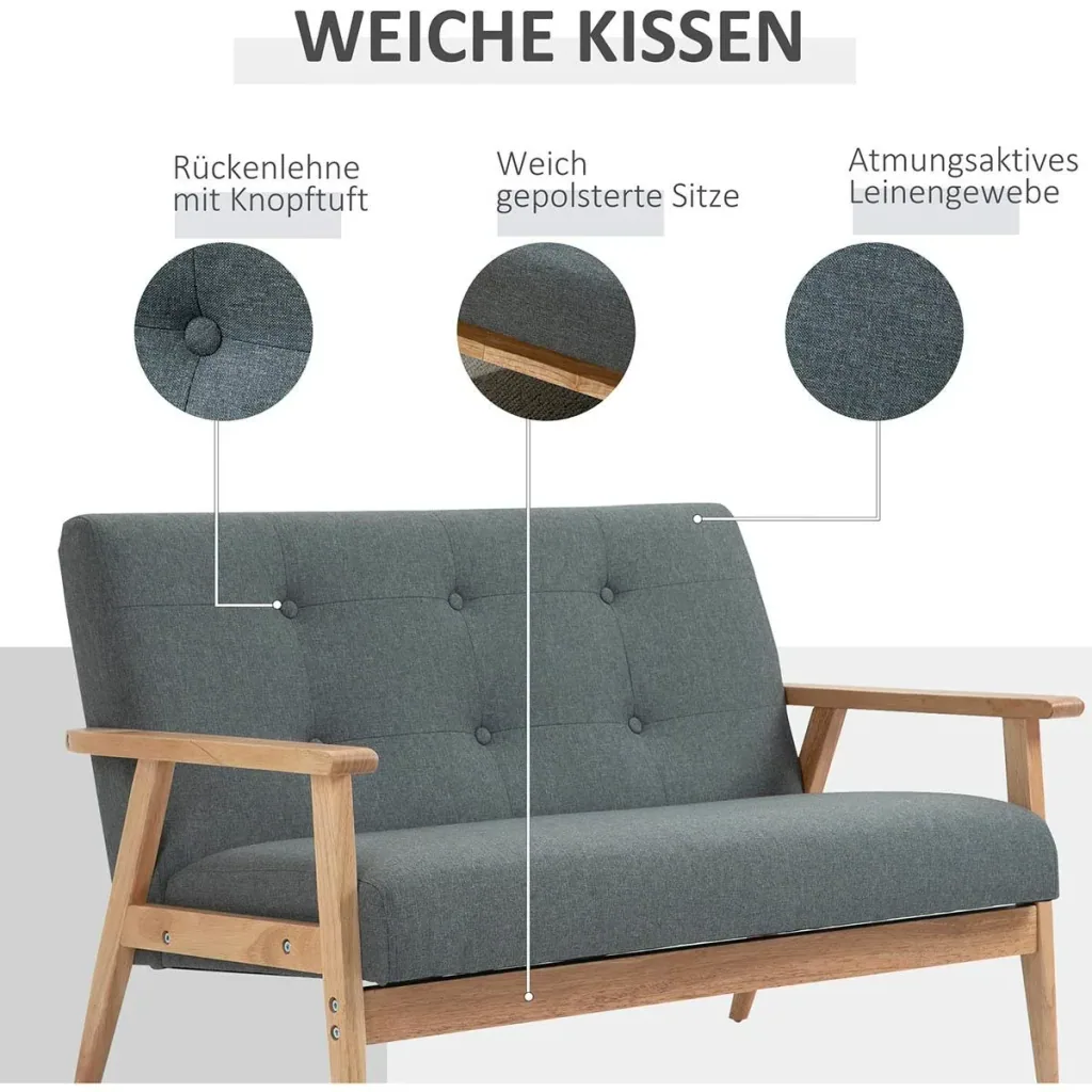 2 Seater Sofa Two Seater Fabric Sofa Double Sofa Upholstered Loveseat Compact Design Linen Rubberwood Grey 115 x 66.5 x 73