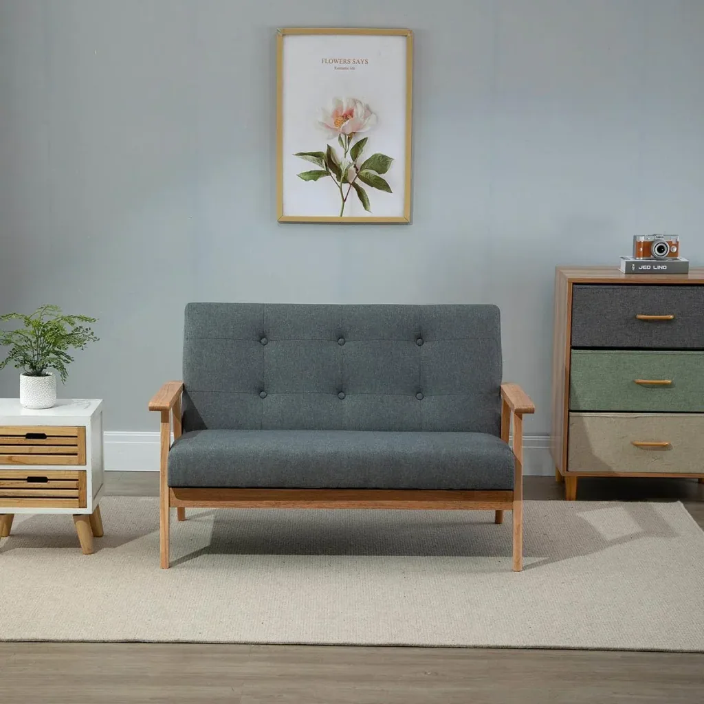 2 Seater Sofa Two Seater Fabric Sofa Double Sofa Upholstered Loveseat Compact Design Linen Rubberwood Grey 115 x 66.5 x 73