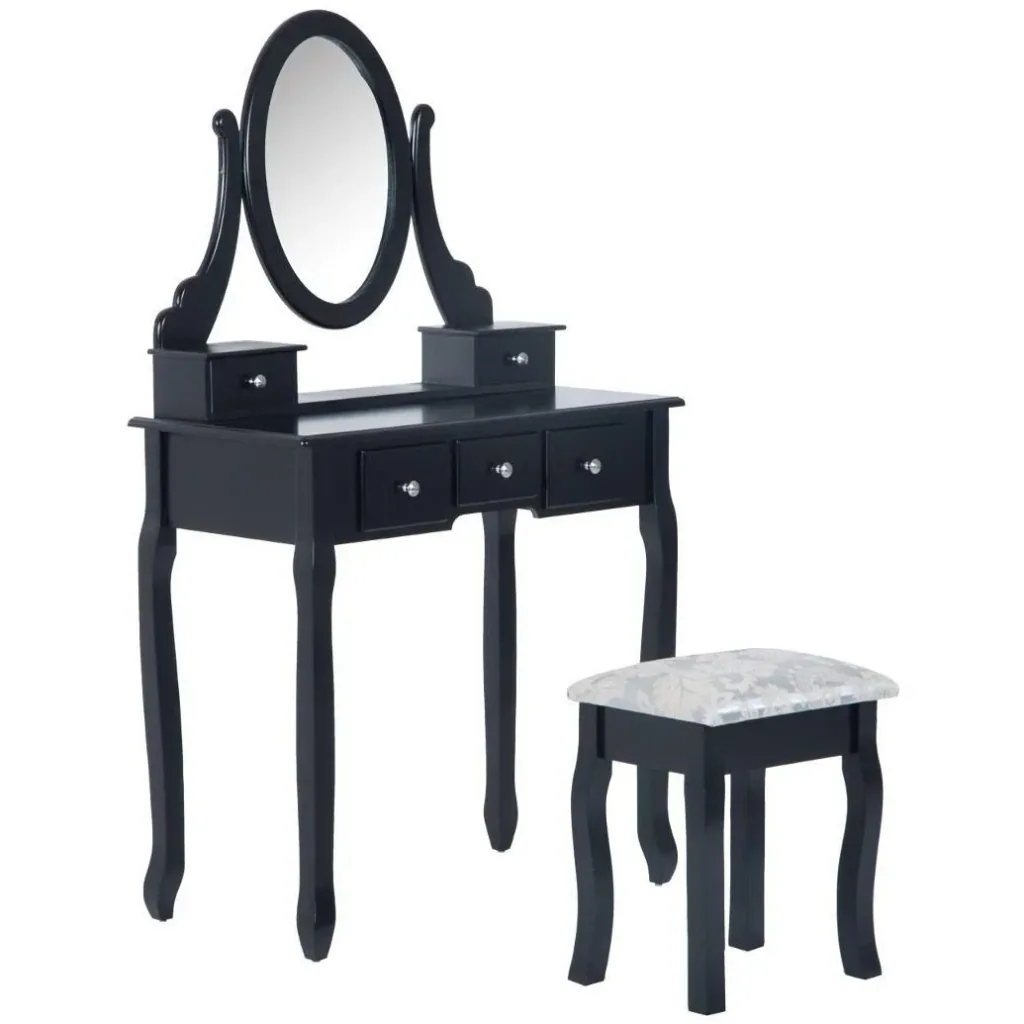 Dressing table with mirror and stool black