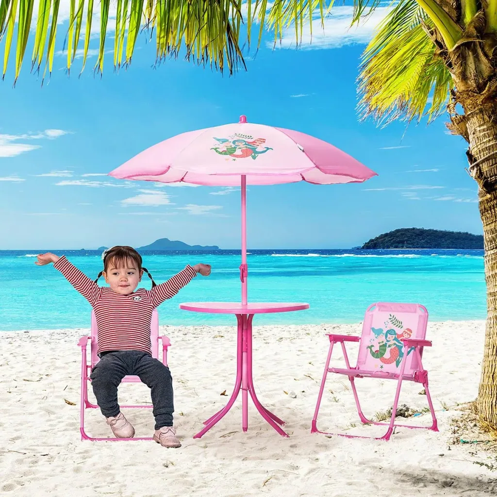 4 piece children's furniture set garden table 2 folding chairs parasol camping child seat set garden furniture for 3-6 years pink