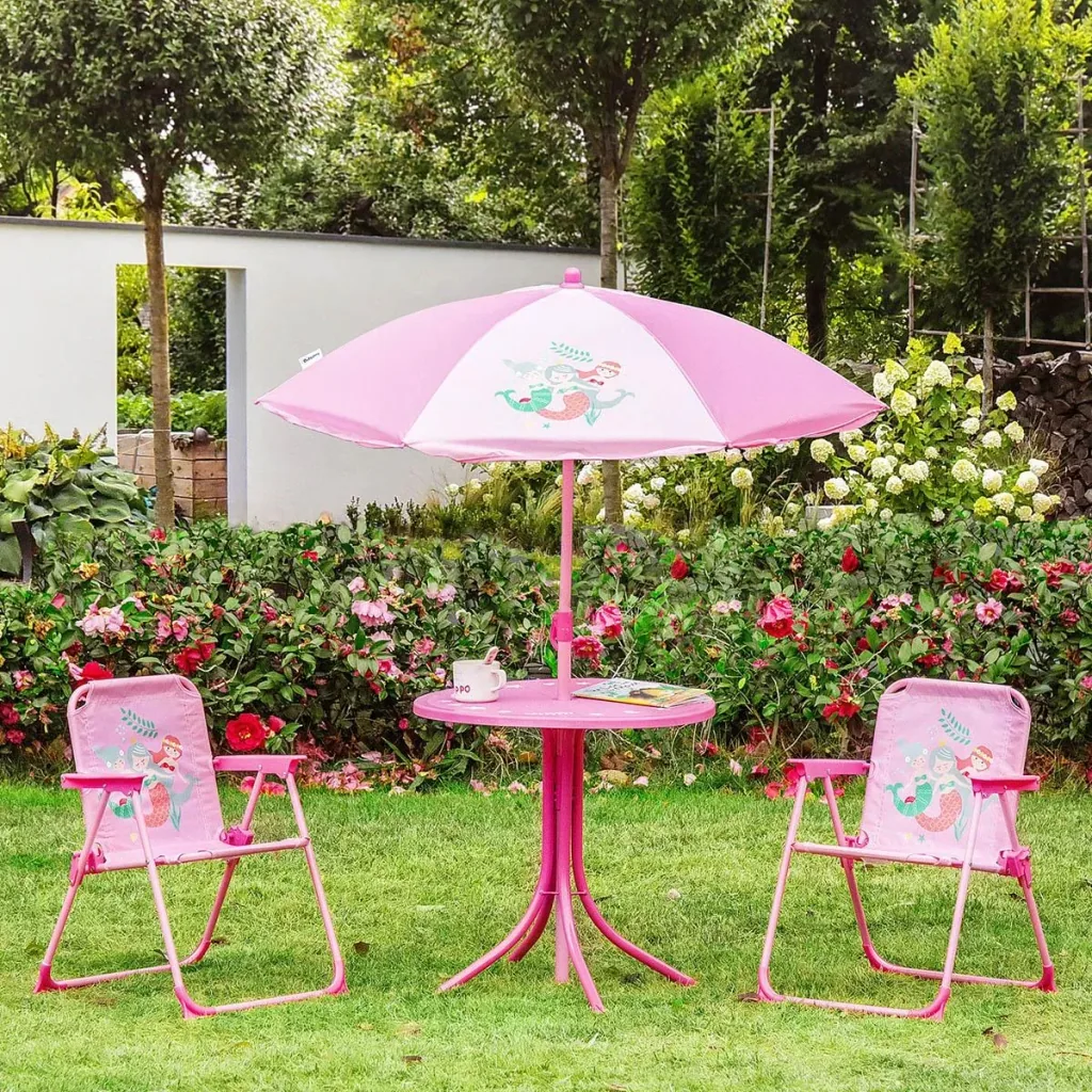4 piece children's furniture set garden table 2 folding chairs parasol camping child seat set garden furniture for 3-6 years pink