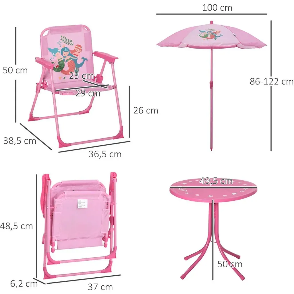 4 piece children's furniture set garden table 2 folding chairs parasol camping child seat set garden furniture for 3-6 years pink