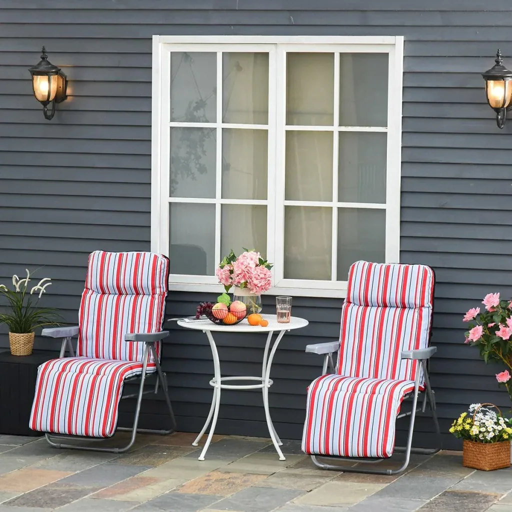 Set of 2 deck chairs with cushions, foldable sun lounger with 5 levels of adjustable backrest, garden lounger, garden furniture set.