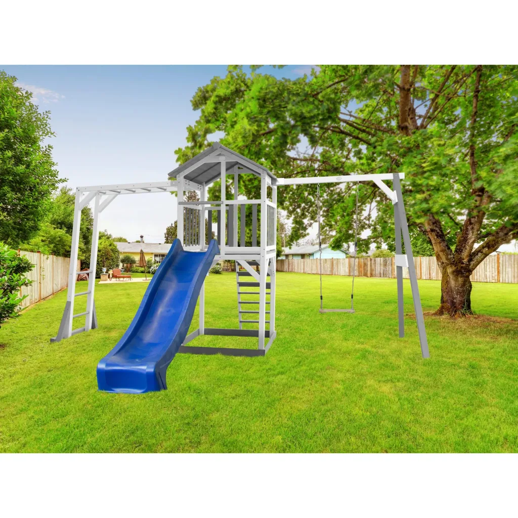 Beach Tower play tower with climbing frame and single swing - blue slide