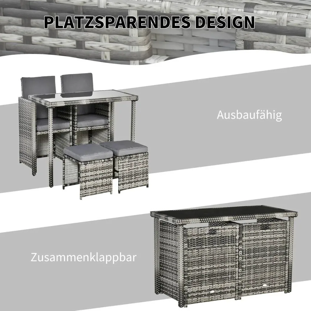 Polyrattan seating group dining group garden set 11 pcs. with cushions, grey