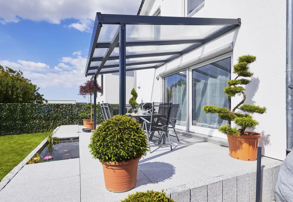 Patio roof Premium, anthracite, 4102 x 3060 mm - Acrylic multi-wall sheets 16 mm, clear