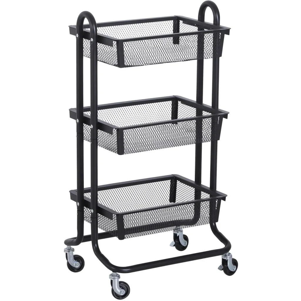 All-purpose trolley all-purpose shelf with wheels kitchen trolley kitchen shelf metal shelf trolley 3 x basket carbon steel