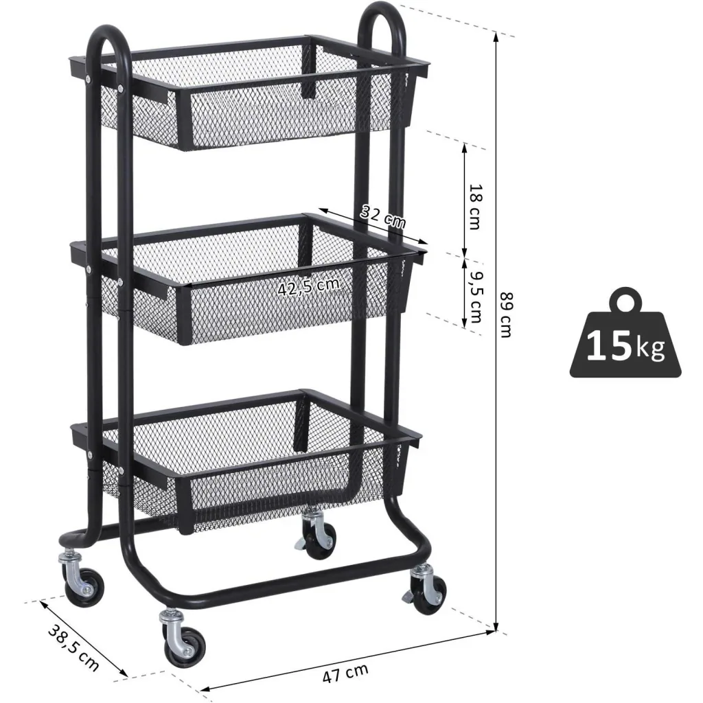 All-purpose trolley all-purpose shelf with wheels kitchen trolley kitchen shelf metal shelf trolley 3 x basket carbon steel
