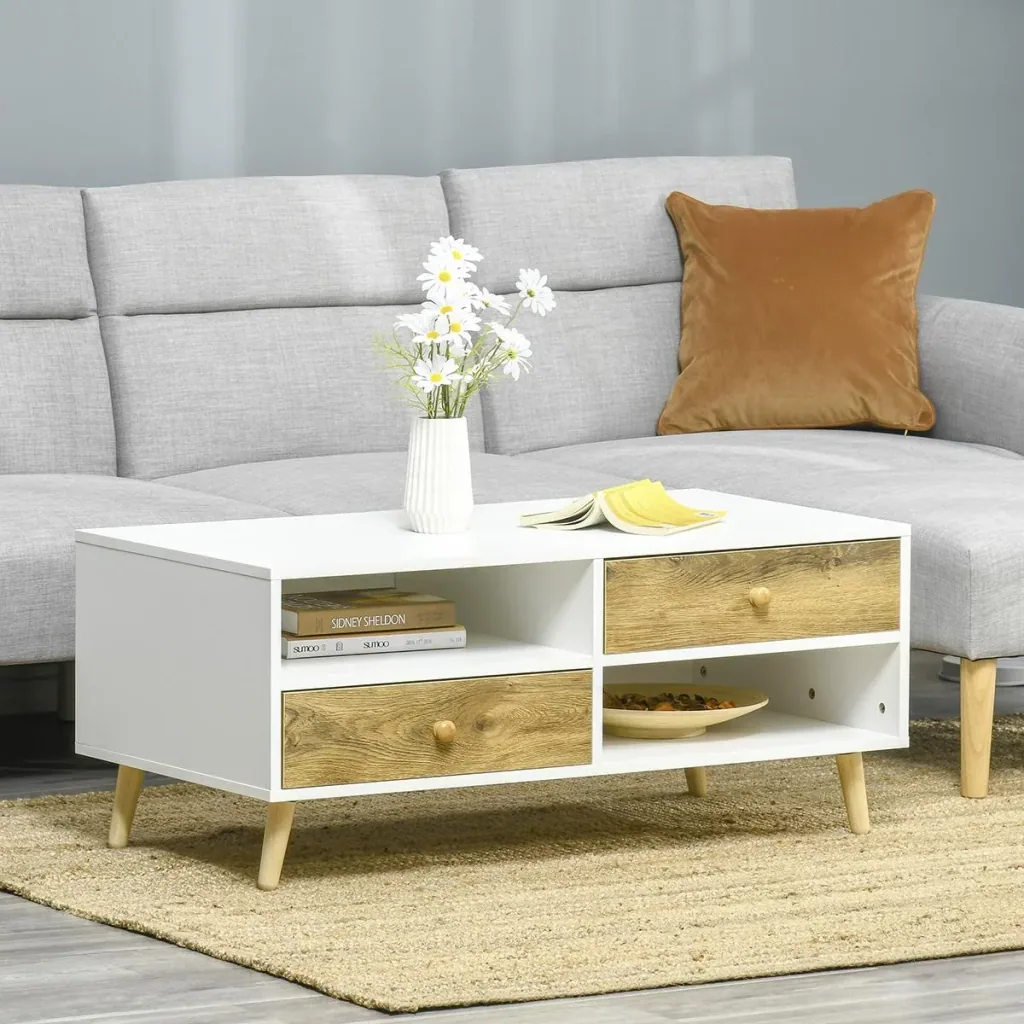 Coffee table living room table with drawer shelves side table coffee table tea table bedside table chipboard white+brown 100