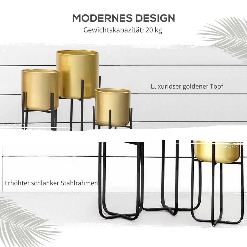 Set of 3 flower stands with flower pot made of metal plant stand set flower stool flower pot holder plant stool gold