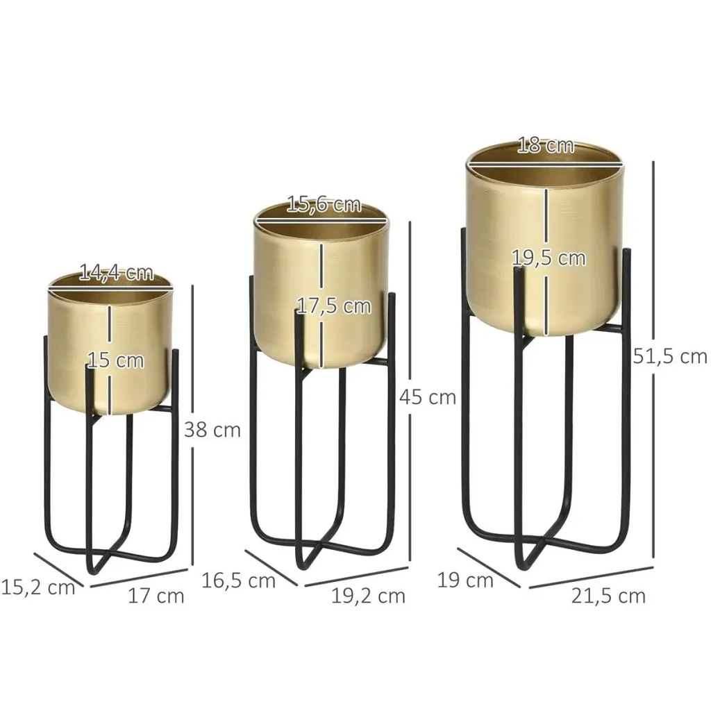 Set of 3 flower stands with flower pot made of metal plant stand set flower stool flower pot holder plant stool gold