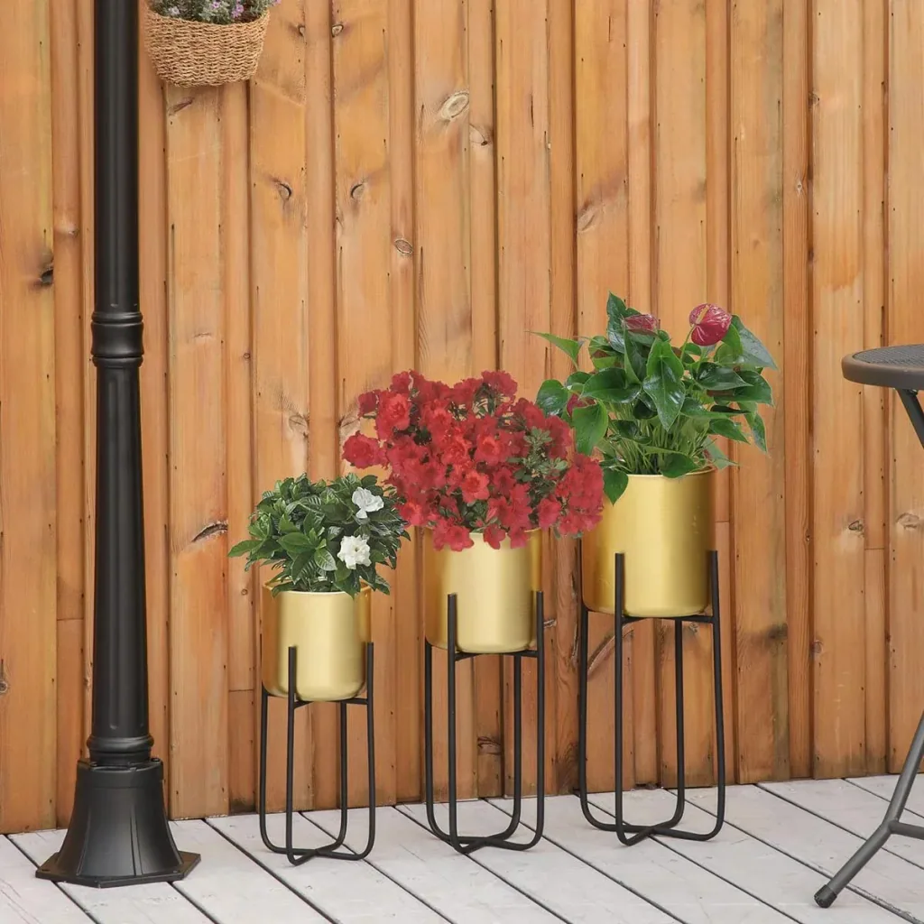 Set of 3 flower stands with flower pot made of metal plant stand set flower stool flower pot holder plant stool gold