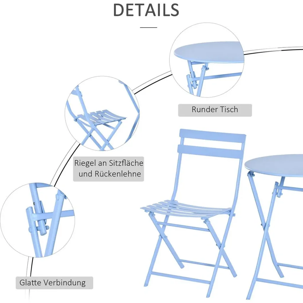 3-piece garden set, bistro table with 2 chairs for yard, foldable, light blue