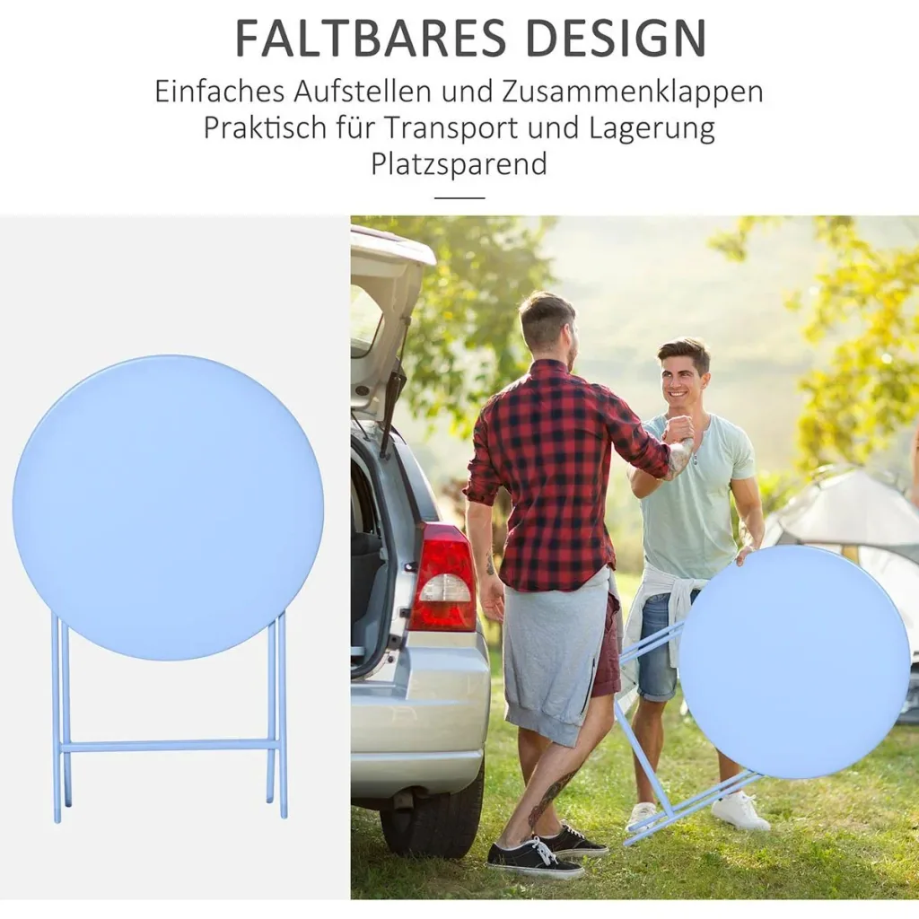 3-piece garden set, bistro table with 2 chairs for yard, foldable, light blue