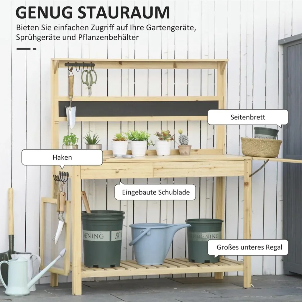 Planting table gardening table with 8 hooks drawer storage flower table made of wood for garden terrace natural 151 x 45.5 x 143 cm