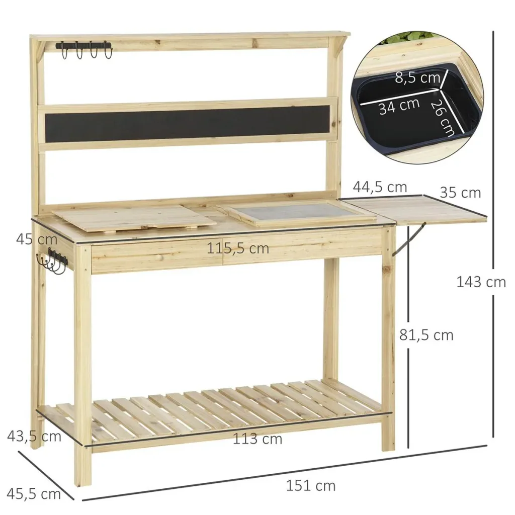 Planting table gardening table with 8 hooks drawer storage flower table made of wood for garden terrace natural 151 x 45.5 x 143 cm