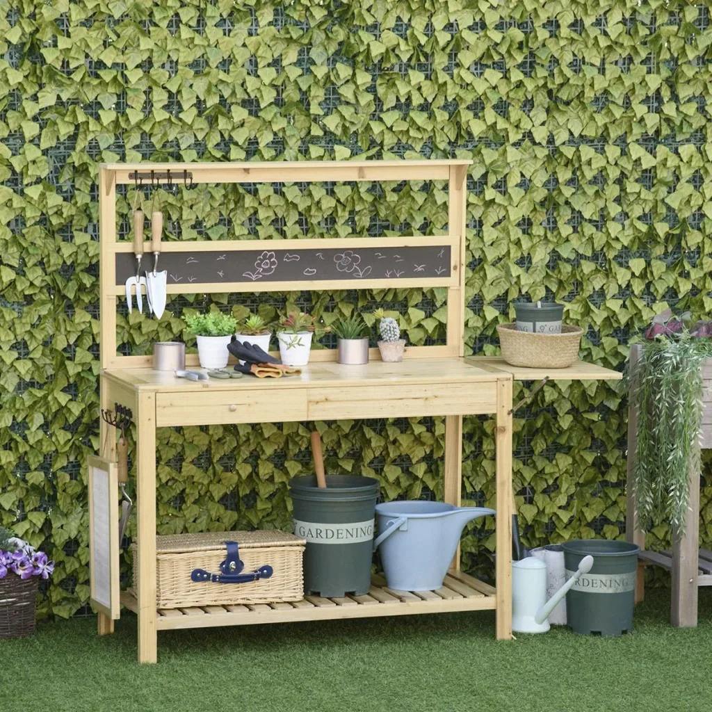 Planting table gardening table with 8 hooks drawer storage flower table made of wood for garden terrace natural 151 x 45.5 x 143 cm