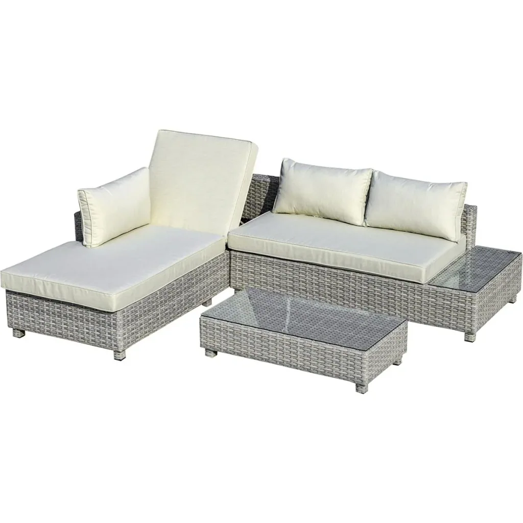 3-piece polyrattan garden furniture lounge set with side table cushions grey+beige