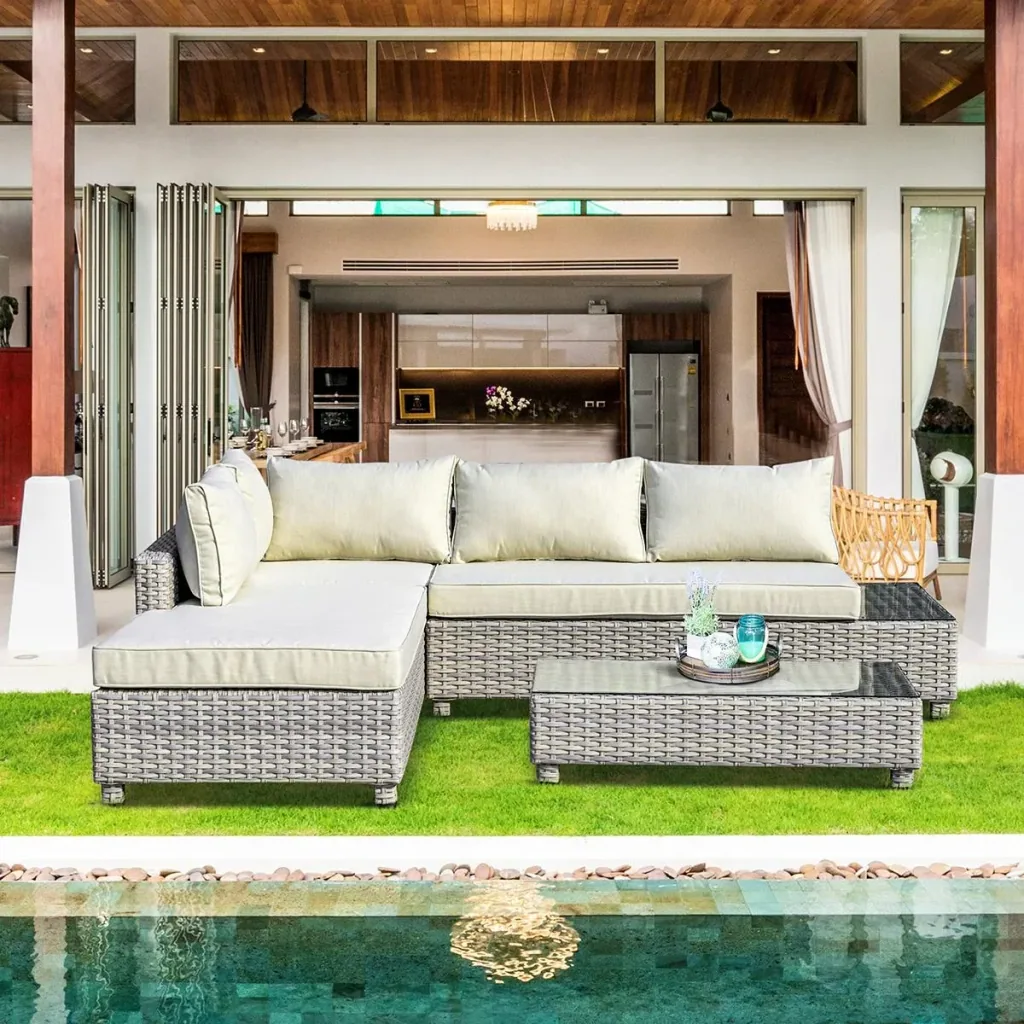 3-piece polyrattan garden furniture lounge set with side table cushions grey+beige