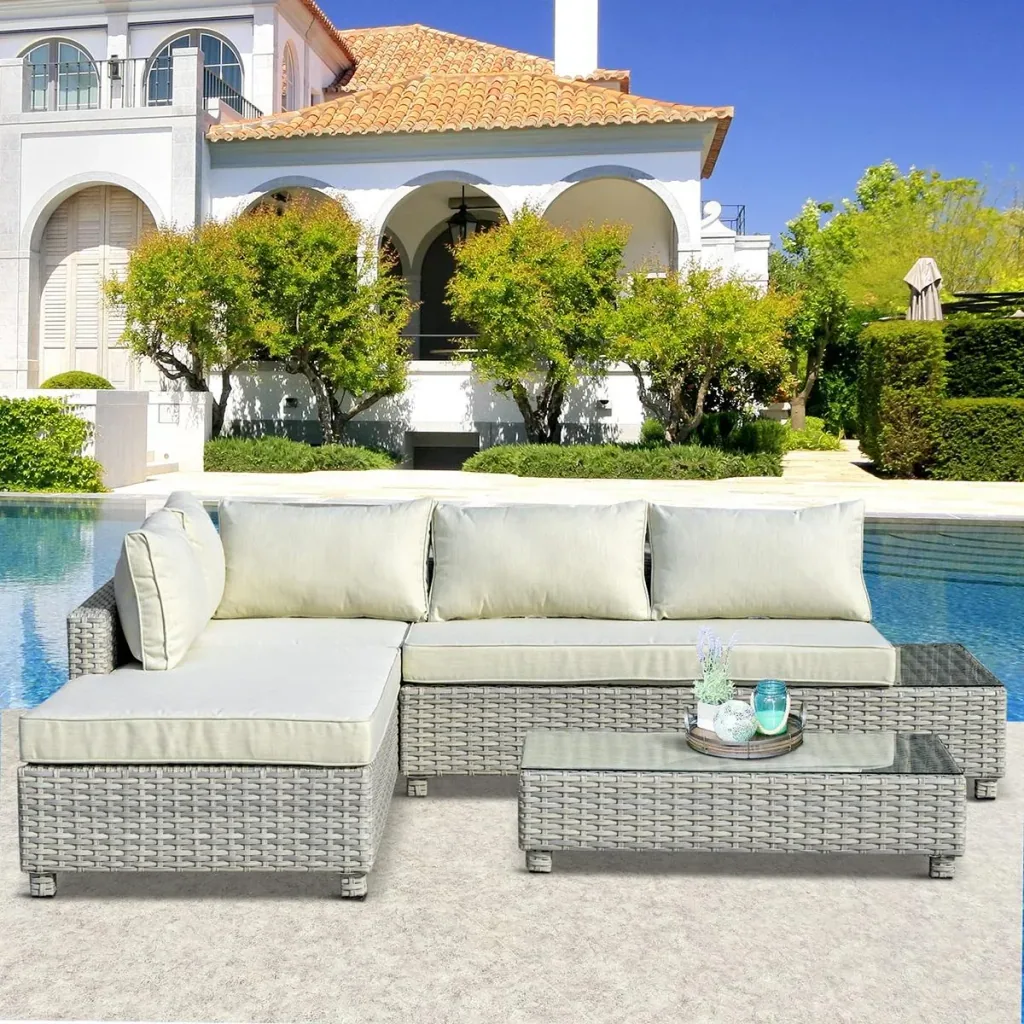 3-piece polyrattan garden furniture lounge set with side table cushions grey+beige