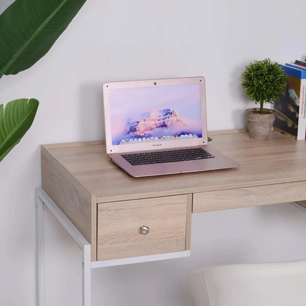 Desk computer table laptop table office table 3x drawer adjustable wood+metal natural+white 114x55x77cm