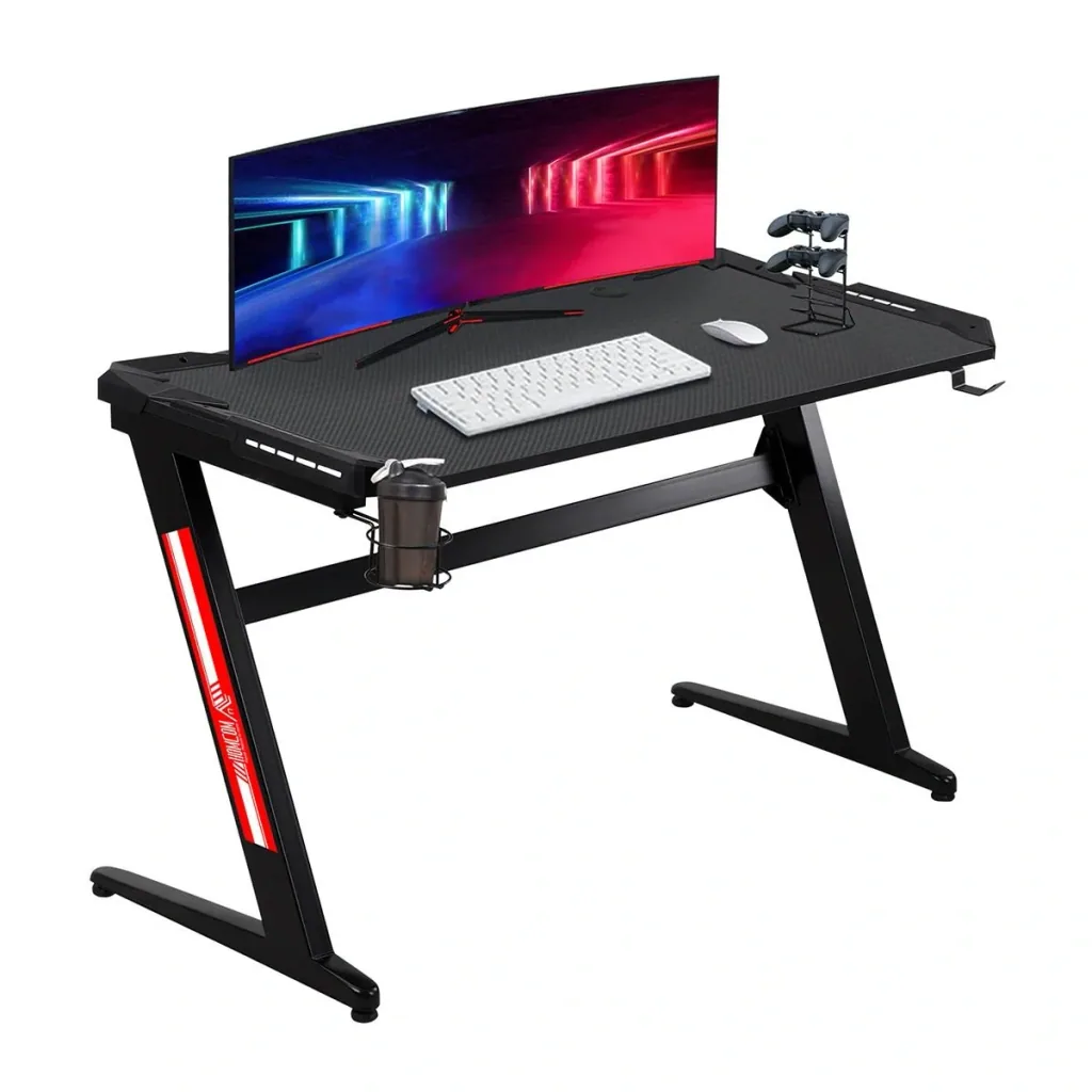Computer Desk Gaming Table with LED Light Desk with Cup Holder Headphone Hook Z-shaped Office Table MDF Metal ABS