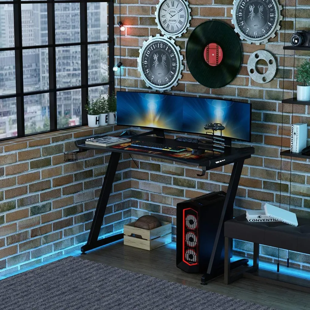 Computer Desk Gaming Table with LED Light Desk with Cup Holder Headphone Hook Z-shaped Office Table MDF Metal ABS