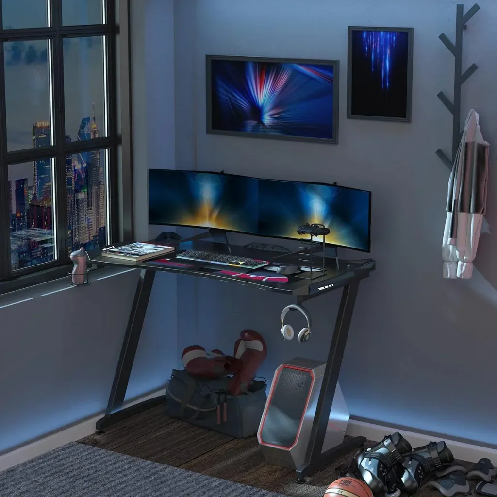 Computer Desk Gaming Table with LED Light Desk with Cup Holder Headphone Hook Z-shaped Office Table MDF Metal ABS