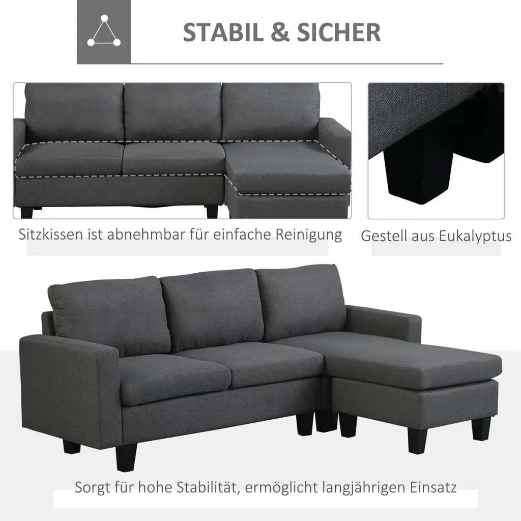Corner sofa fabric sofa corner couch couch set with chaise longue L-shape linen grey