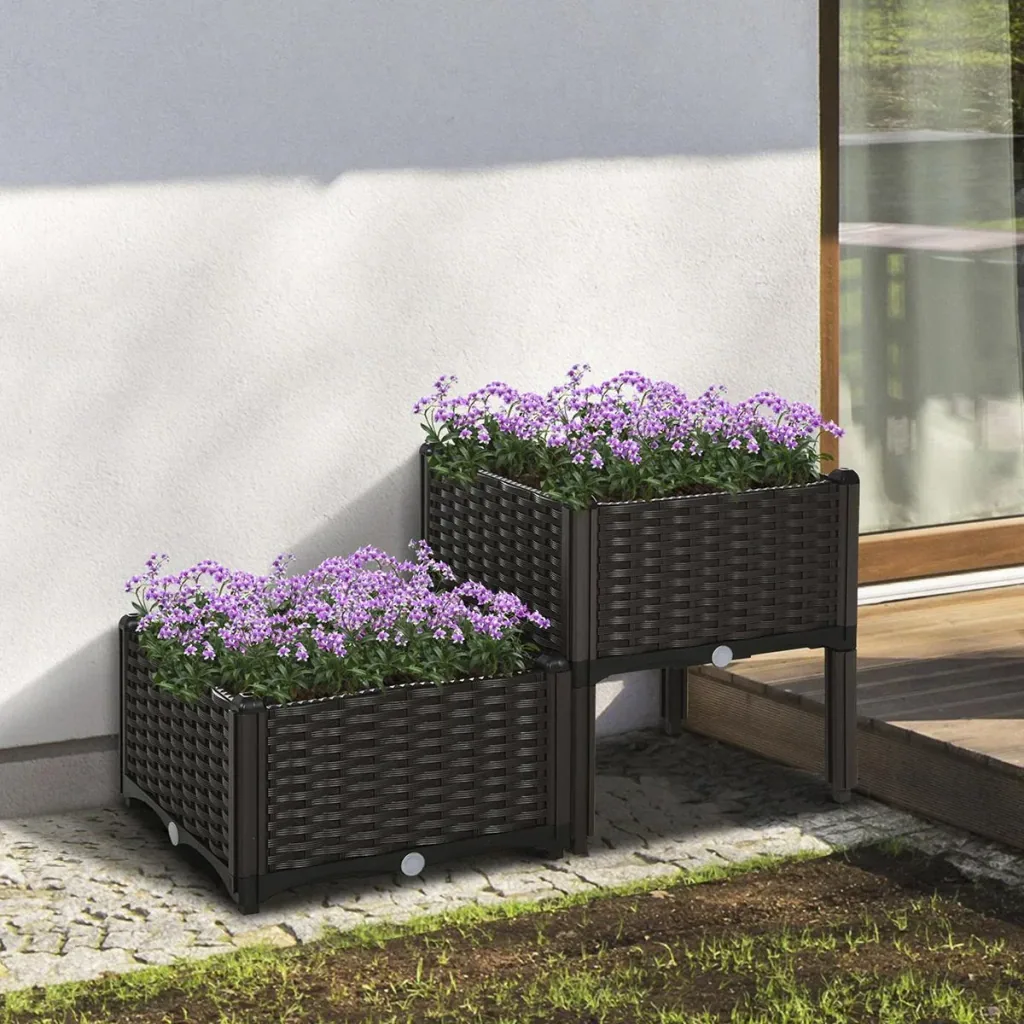 2-piece raised bed in rattan look, dark brown