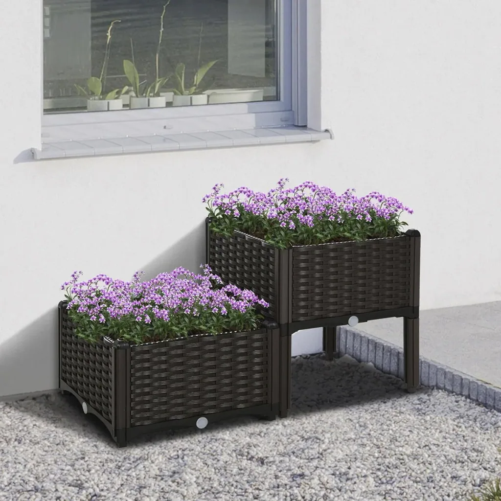 2-piece raised bed in rattan look, dark brown
