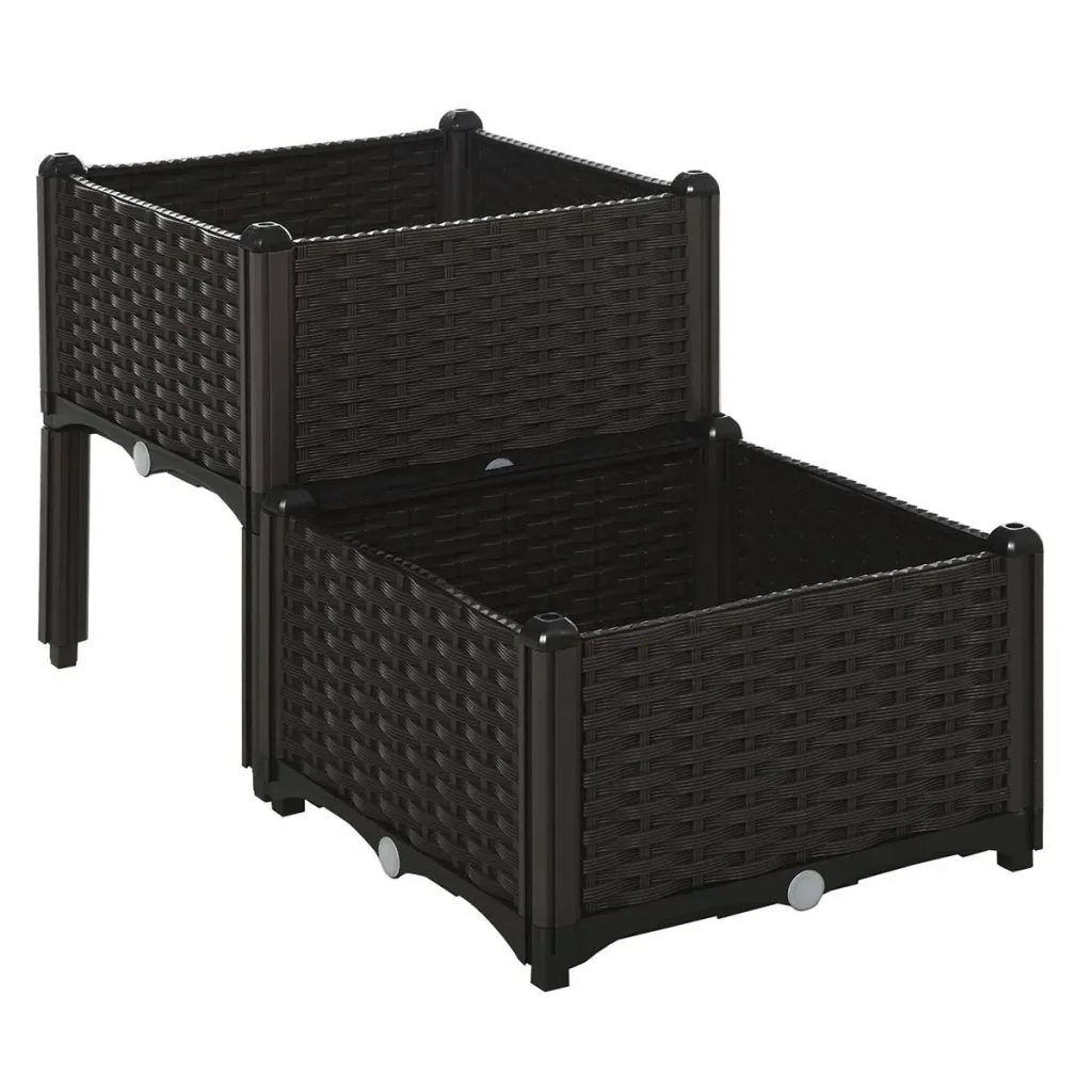 2-piece raised bed in rattan look, dark brown