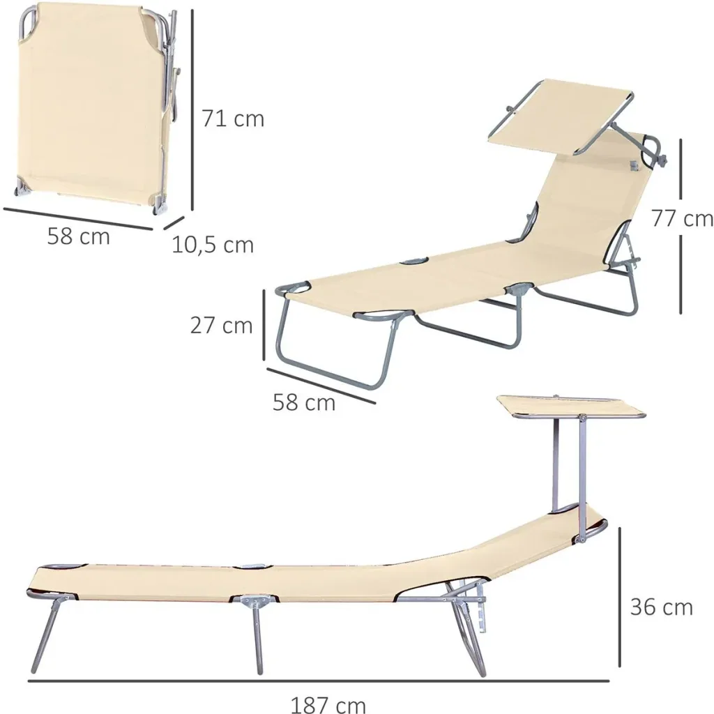 Garden lounger - foldable - with parasol - beige - 187 x 58 x 36 cm