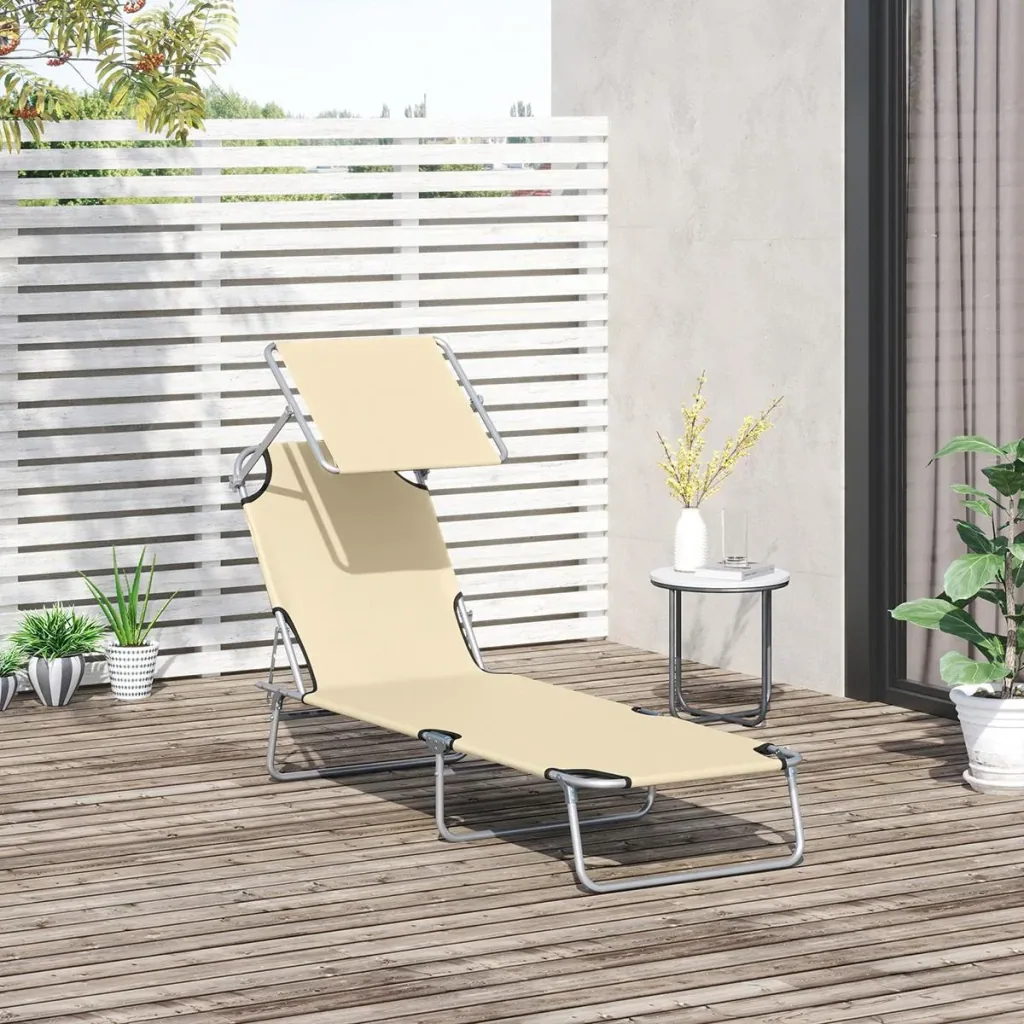 Garden lounger - foldable - with parasol - beige - 187 x 58 x 36 cm