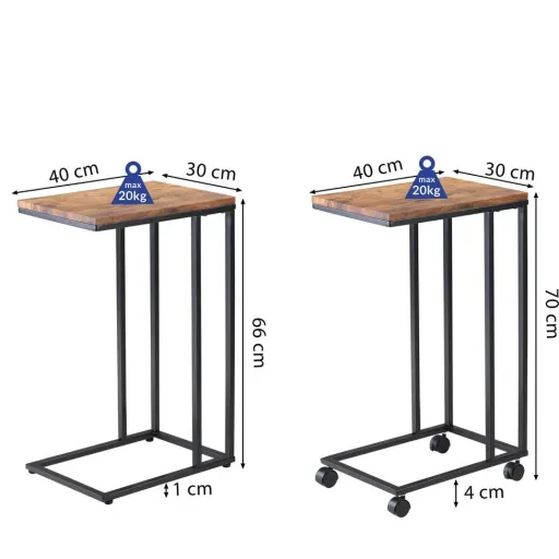 Side table - on wheels - Industrial - 70 x 40 x 30 cm - Black/Brown
