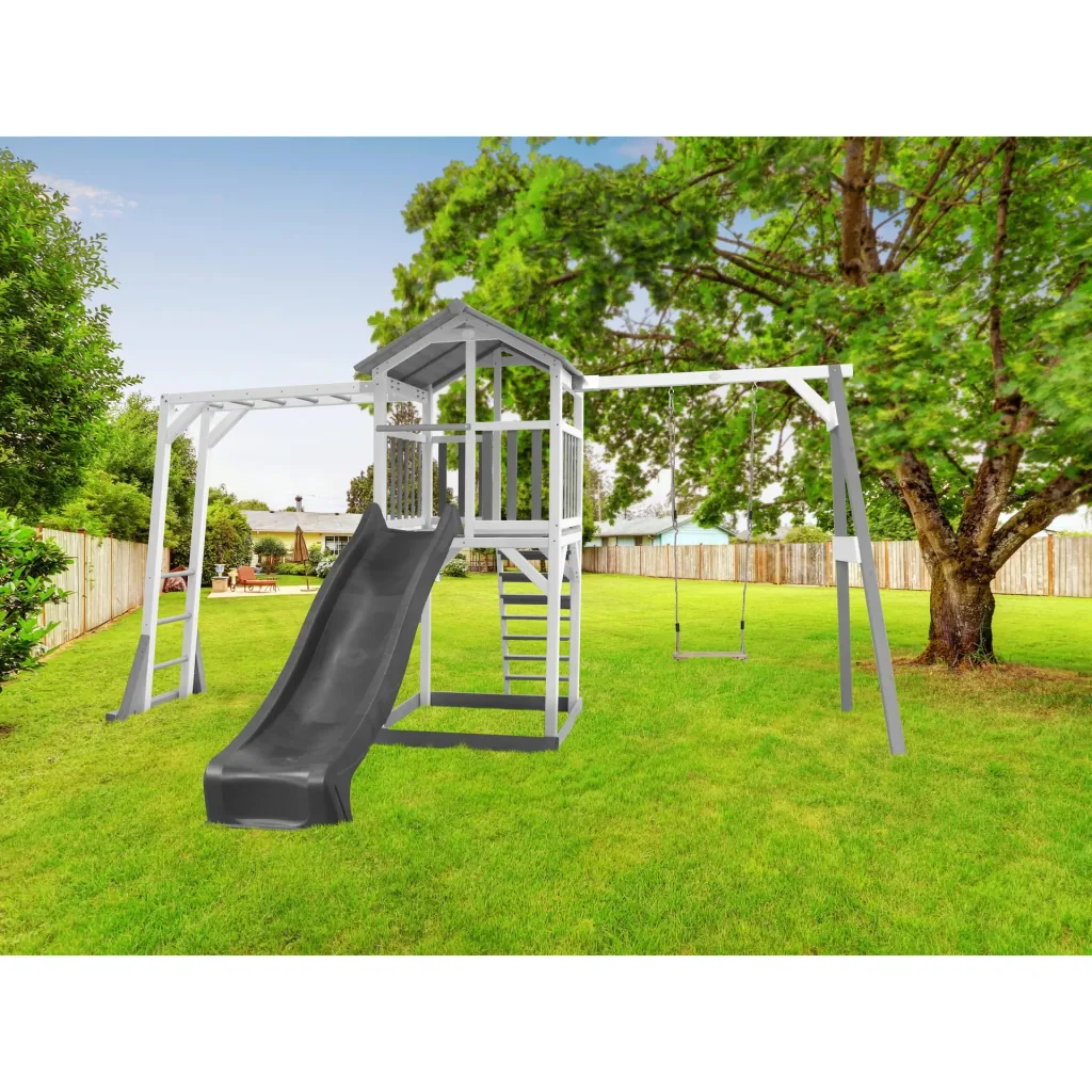 Beach Tower play tower with climbing frame and single swing - grey slide