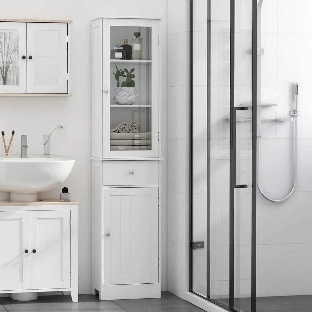 Bathroom cabinet, bathroom cabinet, display cabinet, kitchen cabinet with drawer, shelves, MDF, acrylic, 40 x 27 x 171.5 cm, white