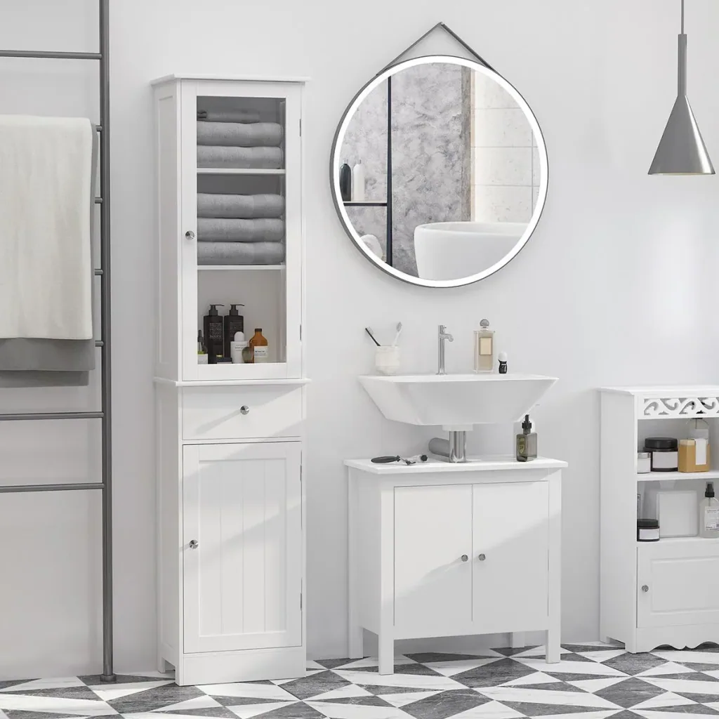 Bathroom cabinet, bathroom cabinet, display cabinet, kitchen cabinet with drawer, shelves, MDF, acrylic, 40 x 27 x 171.5 cm, white