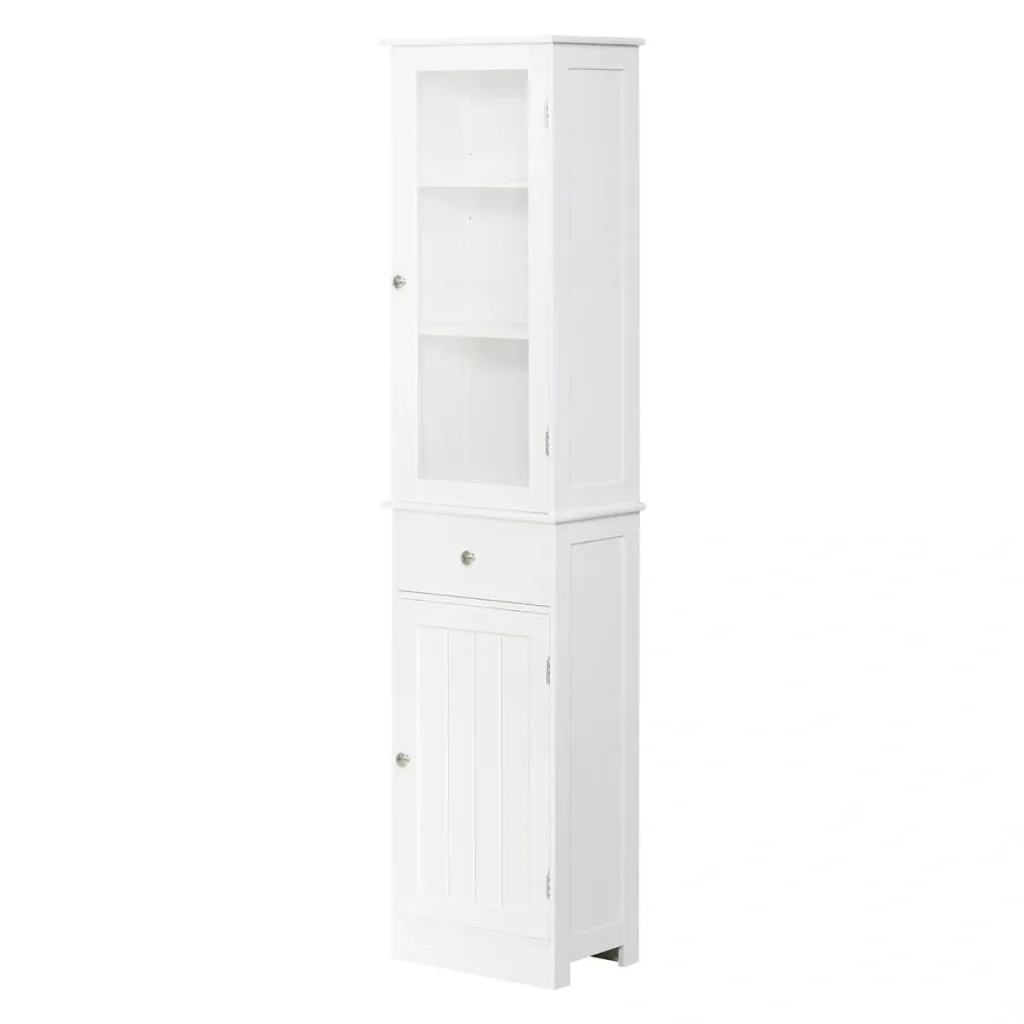 Bathroom cabinet, bathroom cabinet, display cabinet, kitchen cabinet with drawer, shelves, MDF, acrylic, 40 x 27 x 171.5 cm, white