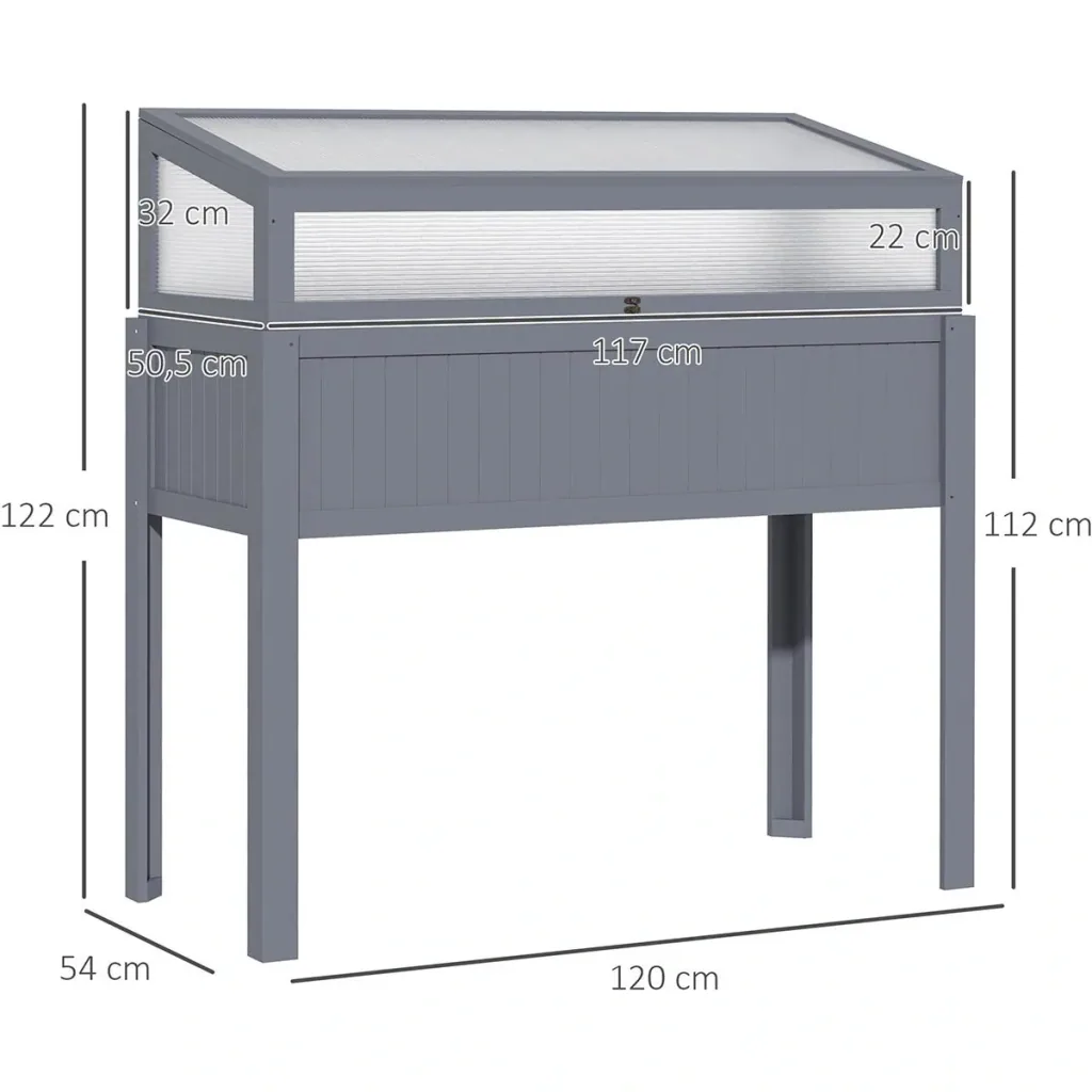 2-in-1 greenhouse and raised bed - Polycarbonate casing - Grey - 120 x 54 x 112/122 cm